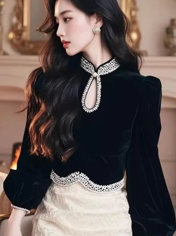 

Ele Bla Velvet irt Collar Long Sve ort Women's Autumn Winter Faion Unique Personali Beautiful Top Quali Pr...