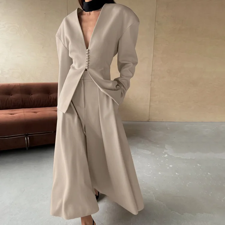 

2026 Fashion Loose Khaki Office Women's Two Pieces Set Elegant Long Sleeve Shirt With High Waist Slit Long Skirt Set