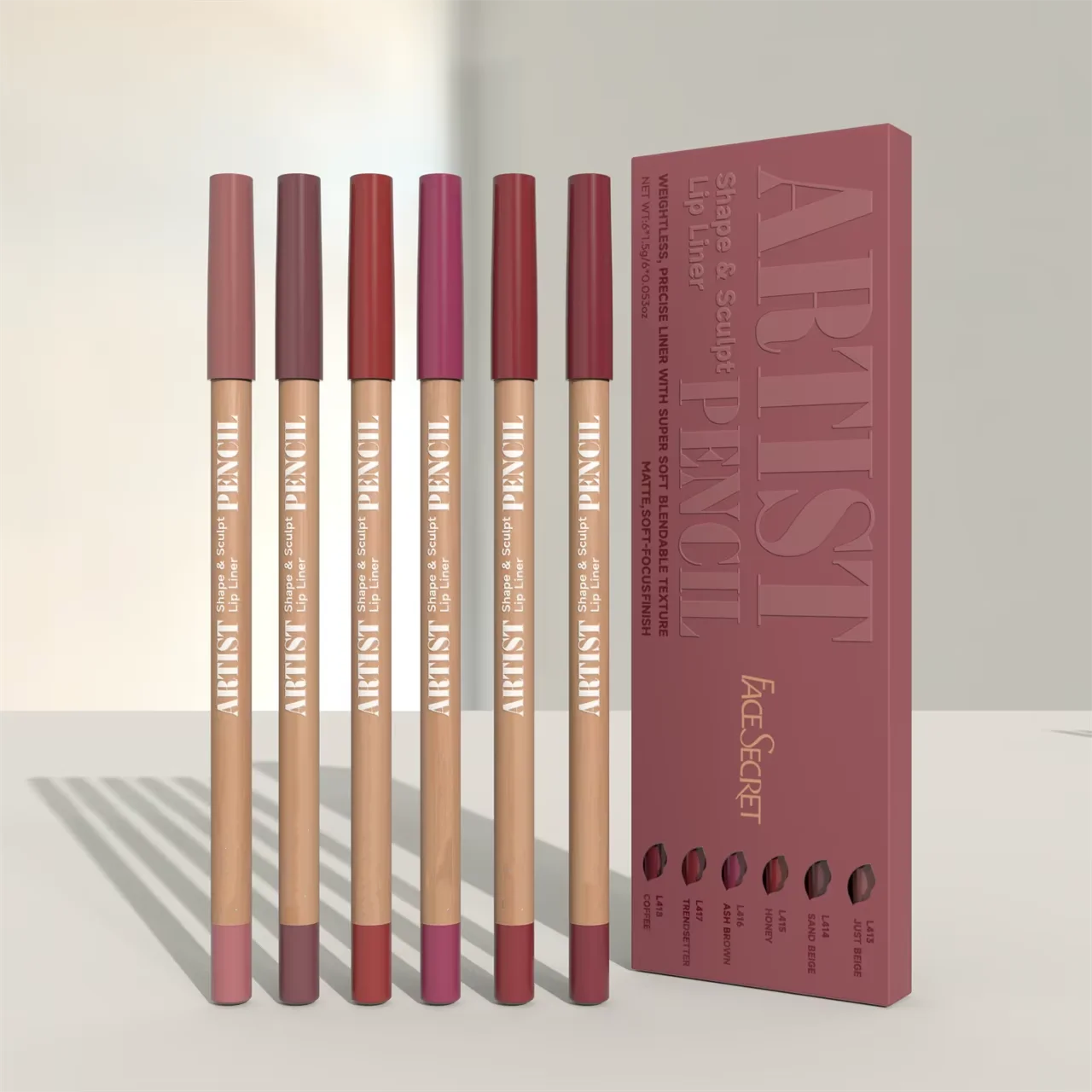 Zestaw ołówków do ust Face Secret Artist Shape Sculpt Lip Liner, nietważąca, precyzyjna konturówka z super miękką, mieszaną teksturą, matowa, miękka