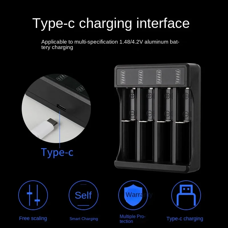 18650 Fast Charger with Type cable 4.2V Lithium Battery 4 Slot Strong Light Flashlight Intelligent Charge for 14500 26650 18650