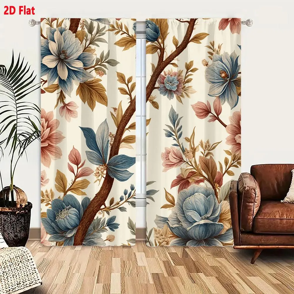 2Pcs Curtains 2D Flat Light Off-White Background Seamless Floral Pattern With Blue Pink Brownish-Gold Flowers Leaves Branches Te
