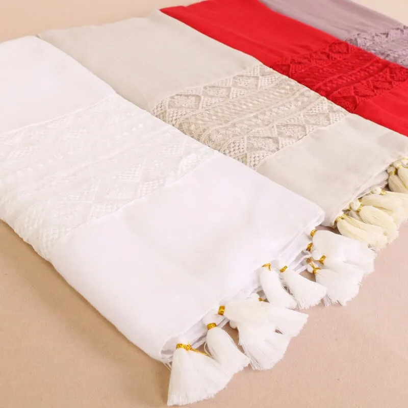 Elegant Lace Cotton Scarf With Tassel Shawl For Women Fashion Geometry Design Muslim Hijab Big Size Scarves 210*70cm