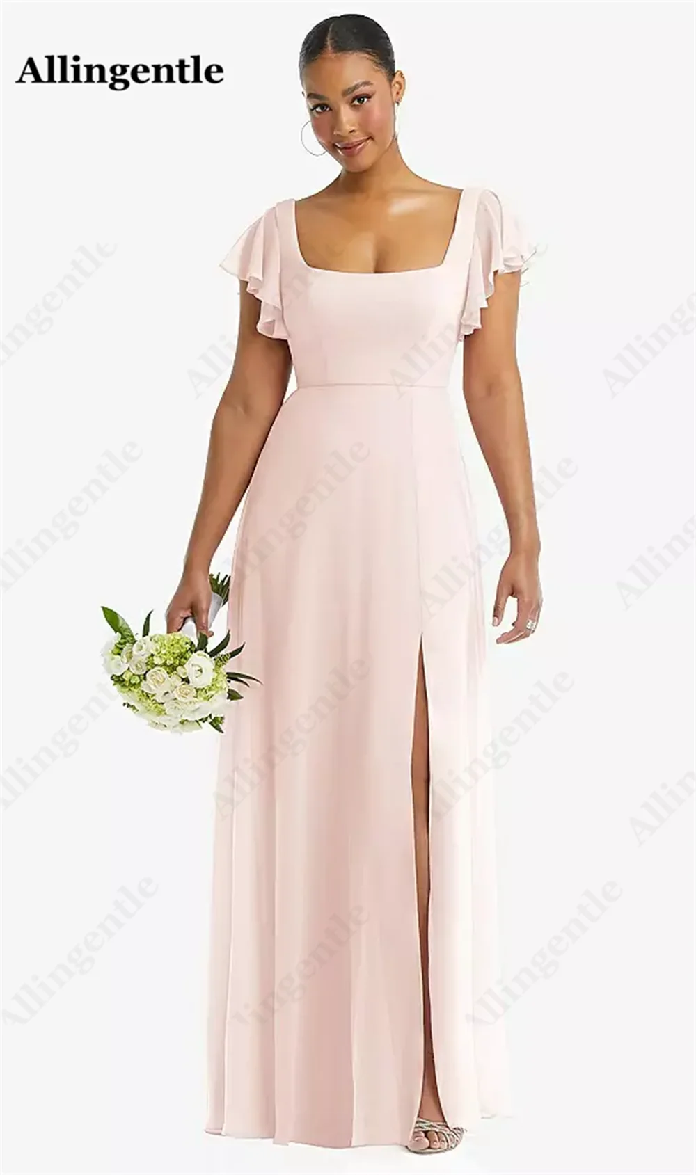 Allingentle Elegant Square Collar Evening Formal Dresses Custom Made A-Line with Side Slit Maxi Dress Bridesmaid Prom Party Gown