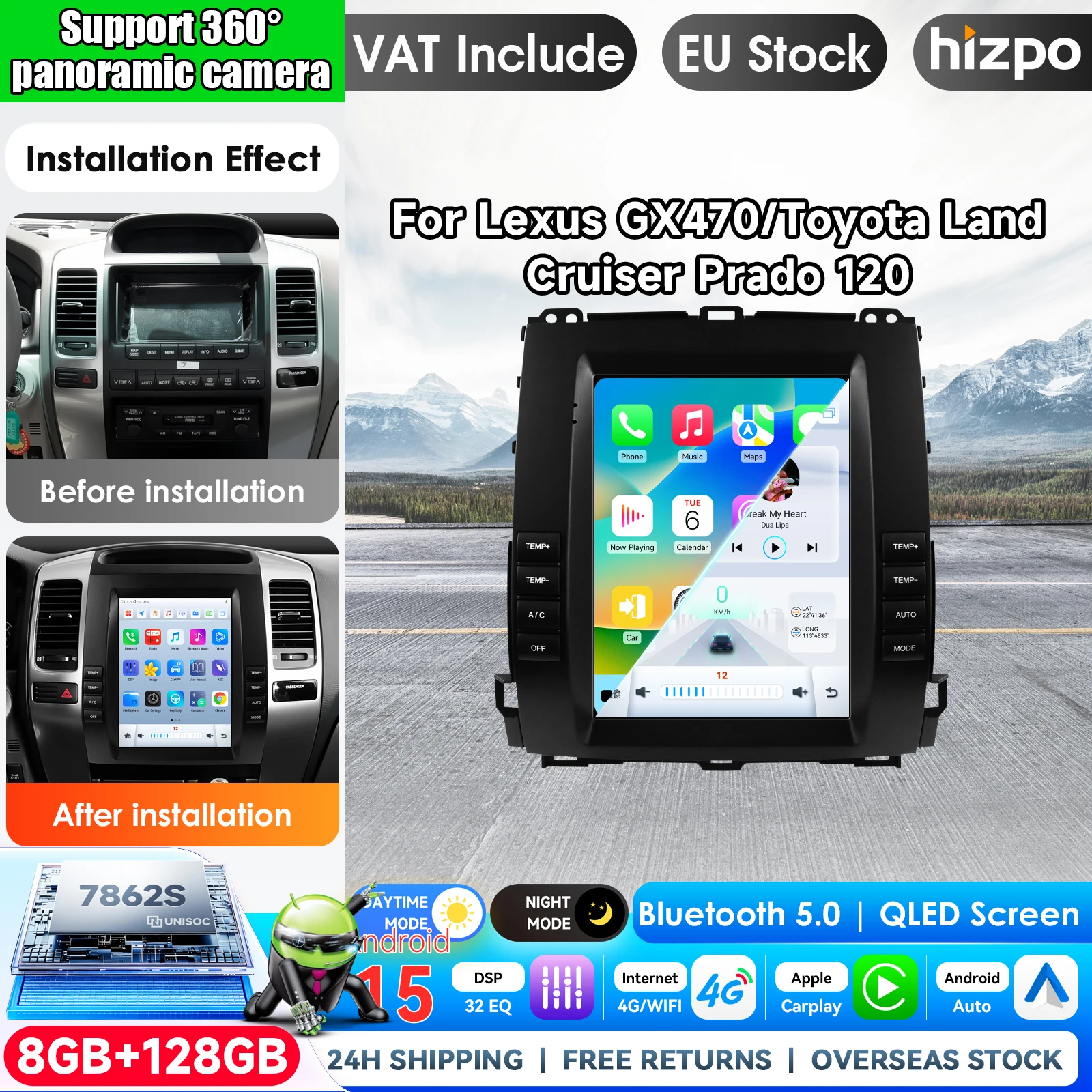 Hizpo 9,7 pollici, autoradio in stile Tesla per Toyota Land Cruiser Prado 120 2002-2009, Lexus GX470, lettore multimediale audio, CarPlay, Android Auto, Bluetooth, display touchscreen, Airplay,