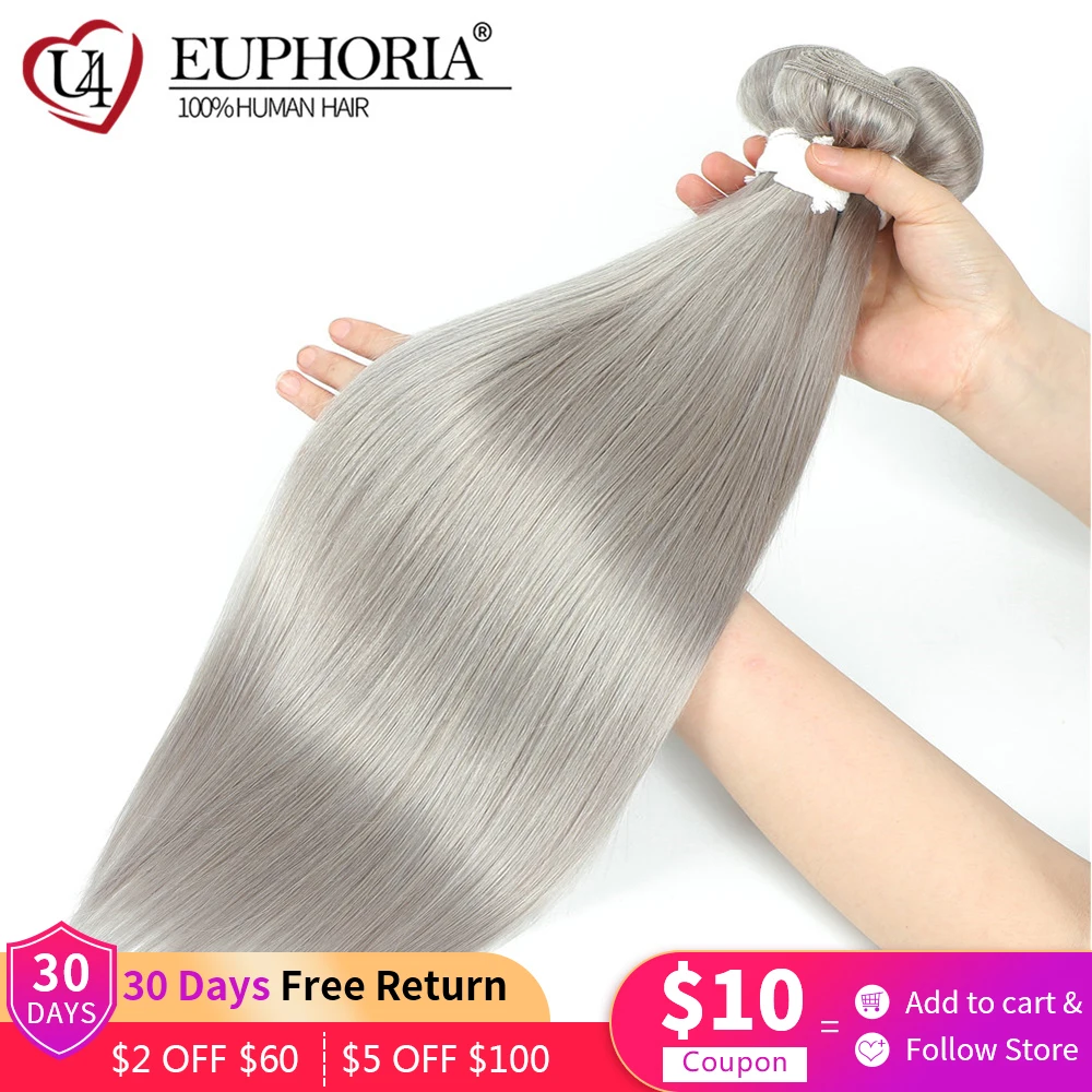 EUPHORIA-Silver Grey Hetero Remy Cabelo Pacotes, 100% Cabelo Humano, Extensão Weave, Cabelo brasileiro, 8-26in, 9A, 1 PC, 3 PCs, Deal