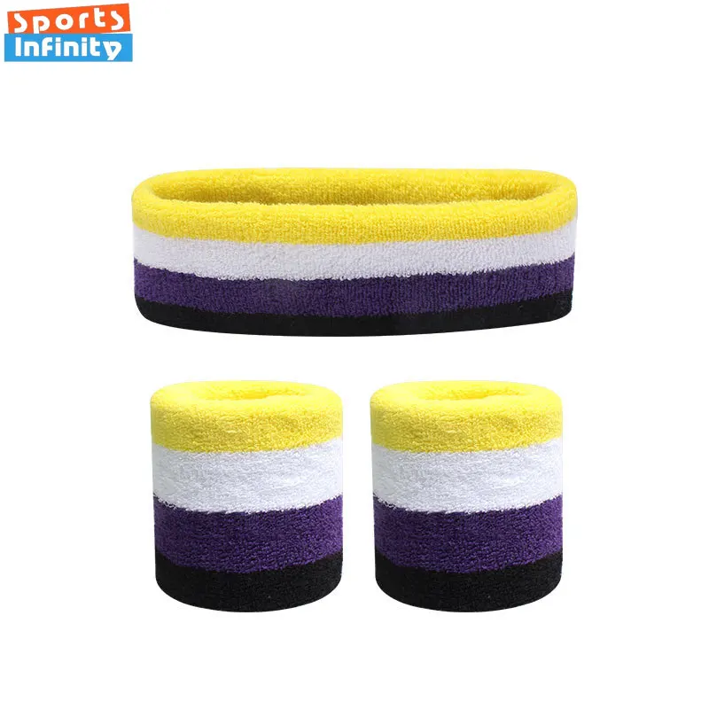 Striped Sport Wrist Support Headband Set Basketball Tennis Running Headband Wrist Brace Gym Headband Hair Band Athletic Headwear