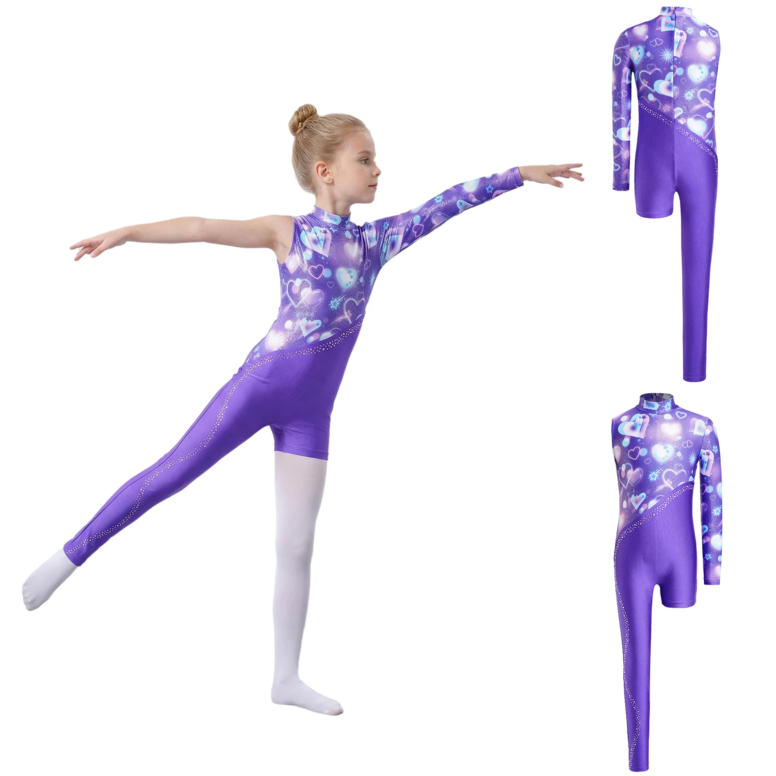 Teen Girls Shiny Rhinestone Zipper Print Gymnastics Leotard Figure Skating Ballet Dance Acrobatics Yoga Sports Workout Jumpsuit