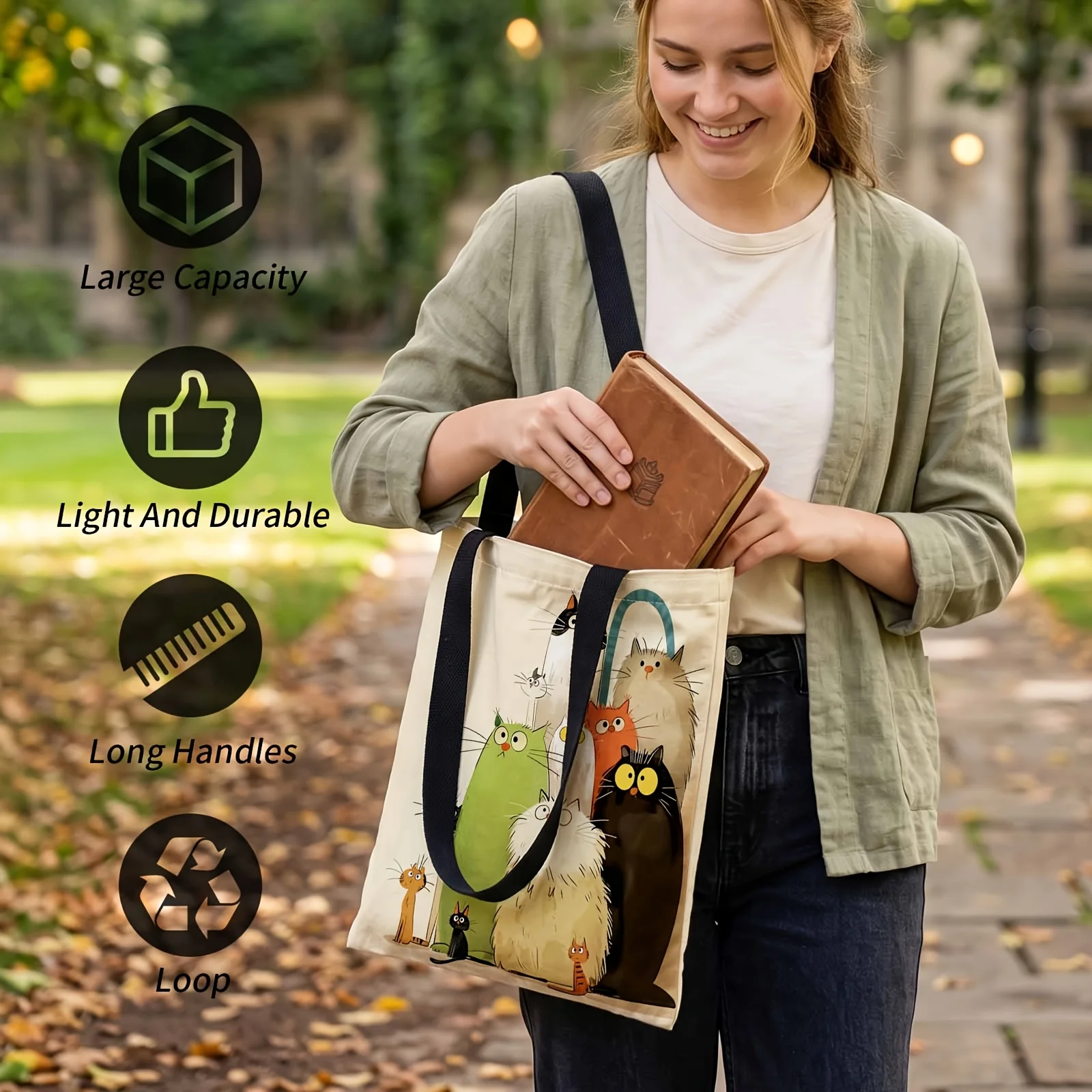 2D Printed Handbag with Purrfect Cat Crew Pattern, Reusable Fashion Shoulder Bag Shopping Tote Bag Suitable for Shopping Office