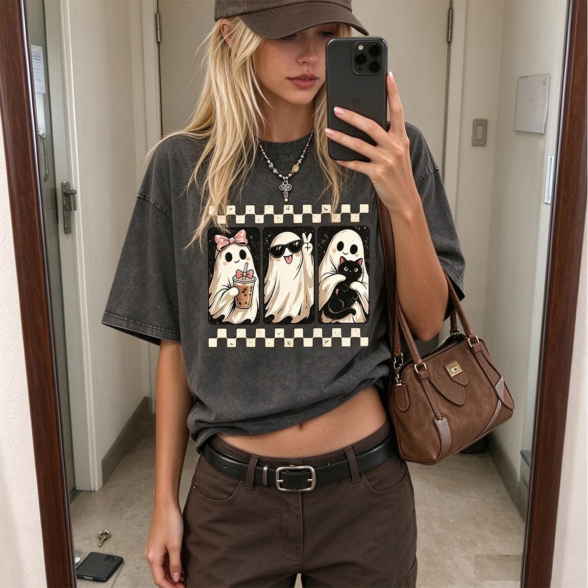 Women Vintage Washed Black Short Sleeve T Shirt Cute Ghost Black Cat Bubble Tea Print Great Gift Halloween Crew Neck Loose Tops