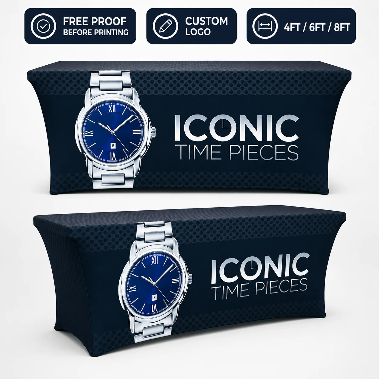 Custom Logo Stretch Tablecloth 4FT 6FT 8FT Personalized Spandex Table Cover for Trade Show Booth Vendor Display