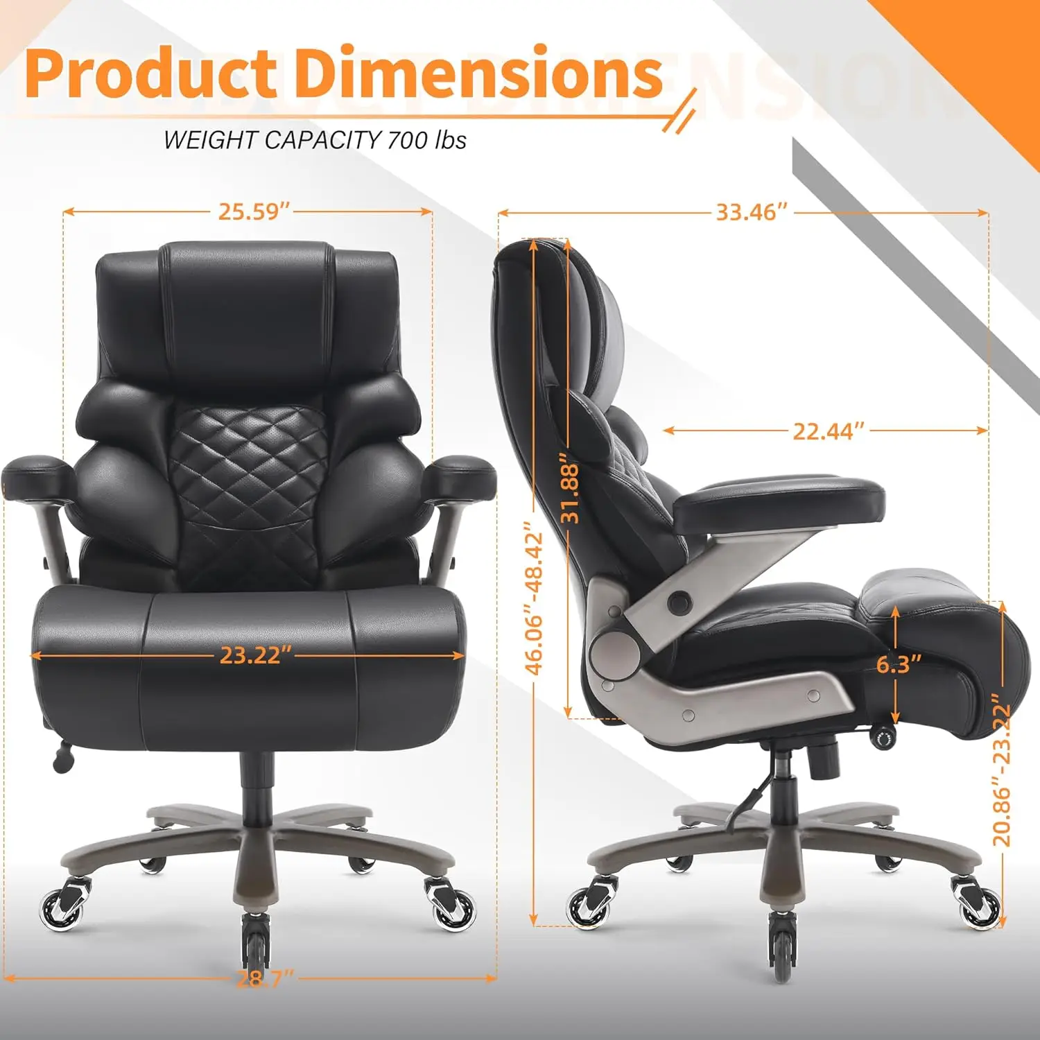Silla de oficina grande y alta, capacidad de 700 libras, lumbar ajustable, brazos 3D, base de metal resistente