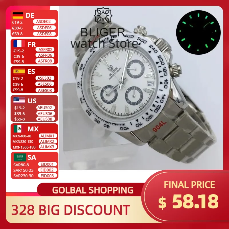 Bliger39mm Quarz Männer Uhr vk63 Bewegung Bewegung multifunktion ale Zeitmesser kommerziellen Saphirglas Keramik Lünette Stahl armband
