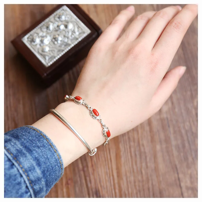 Nepal 925 Sterling Silver Vintage Jewelry Inlay Bamboo Coral Chain Bracelets for Girls T9005
