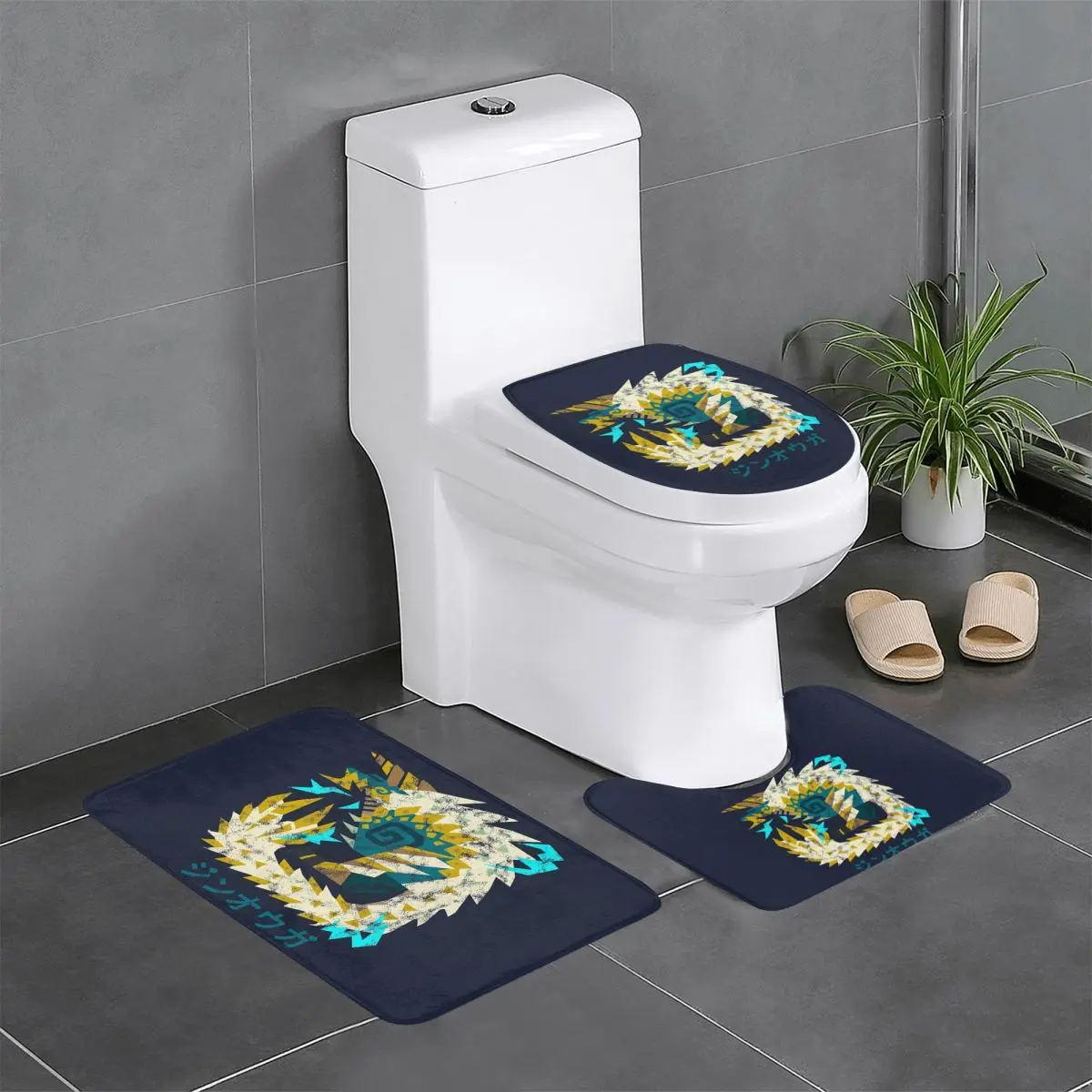 

Monster Hunter World Iceborne Zinogre Kanji 3 шт. Коврик для ванной Набор для ванной комнаты Крышка унитаза Домашний декор Нескользящий ковер Напольный коврик