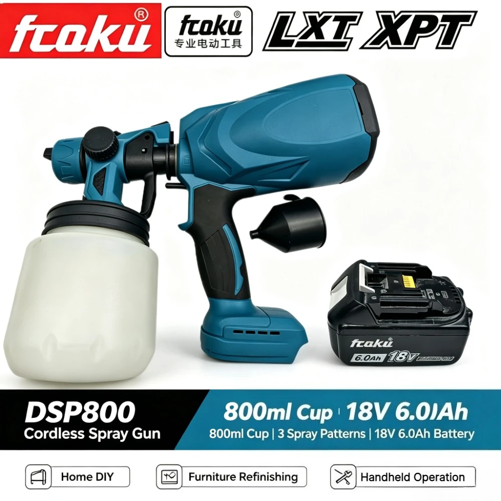 fcoku DSP800 Cordless Paint Spray Gun 800ml HVLP Paint Sprayer, 3 Spray Modes, with 18V 6.0Ah Lithium Battery for LXT 18V System