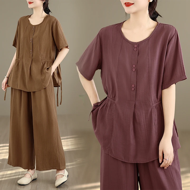 

plus Size Summer Cotton Linen Slimming Thin round Ne Top Wide Leg Pants Two Piece Set Women's Faion Casual Wear