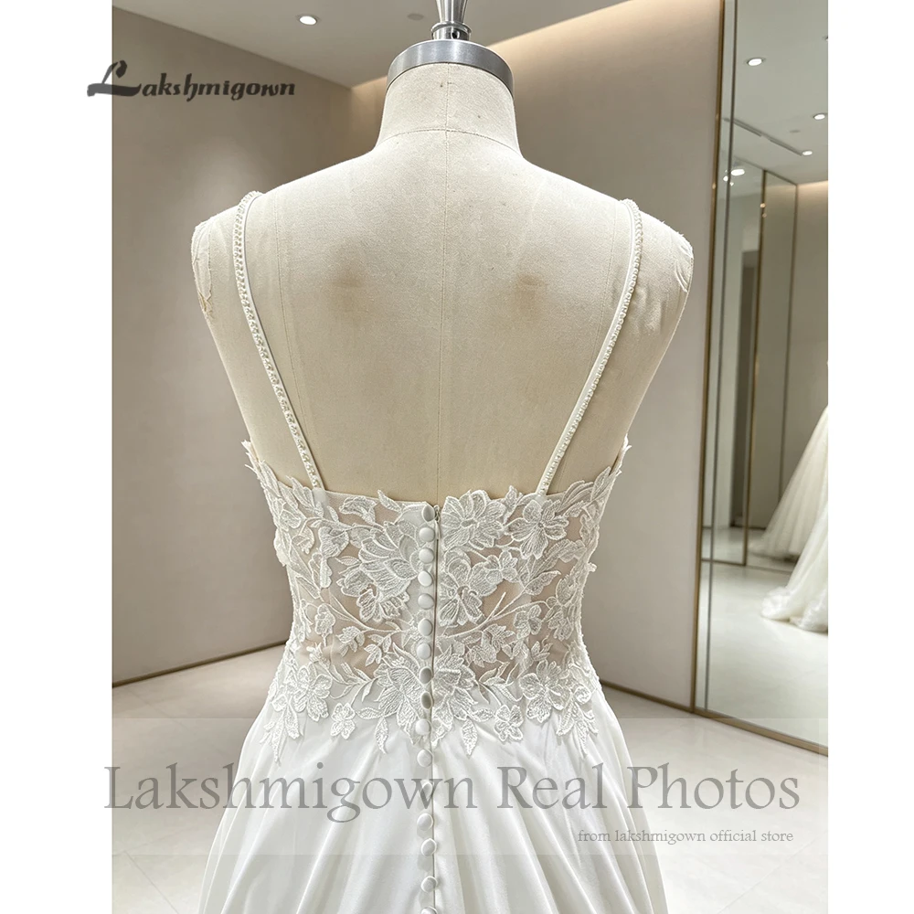 Lakshmigown Bohemian Spaghettiträger Hochzeitskleid Chiffon V-Ausschnitt A-Linie Brautkleid Spitzenapplikationen 2027 Echte Fotos Maßanfertigung – Detail 9