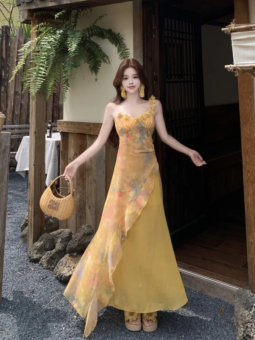 

Bohemian Style plus Size Women's Summer New Waist-Cinching Halter Dress Long Skirt with Lace Korean Style Commute Dress