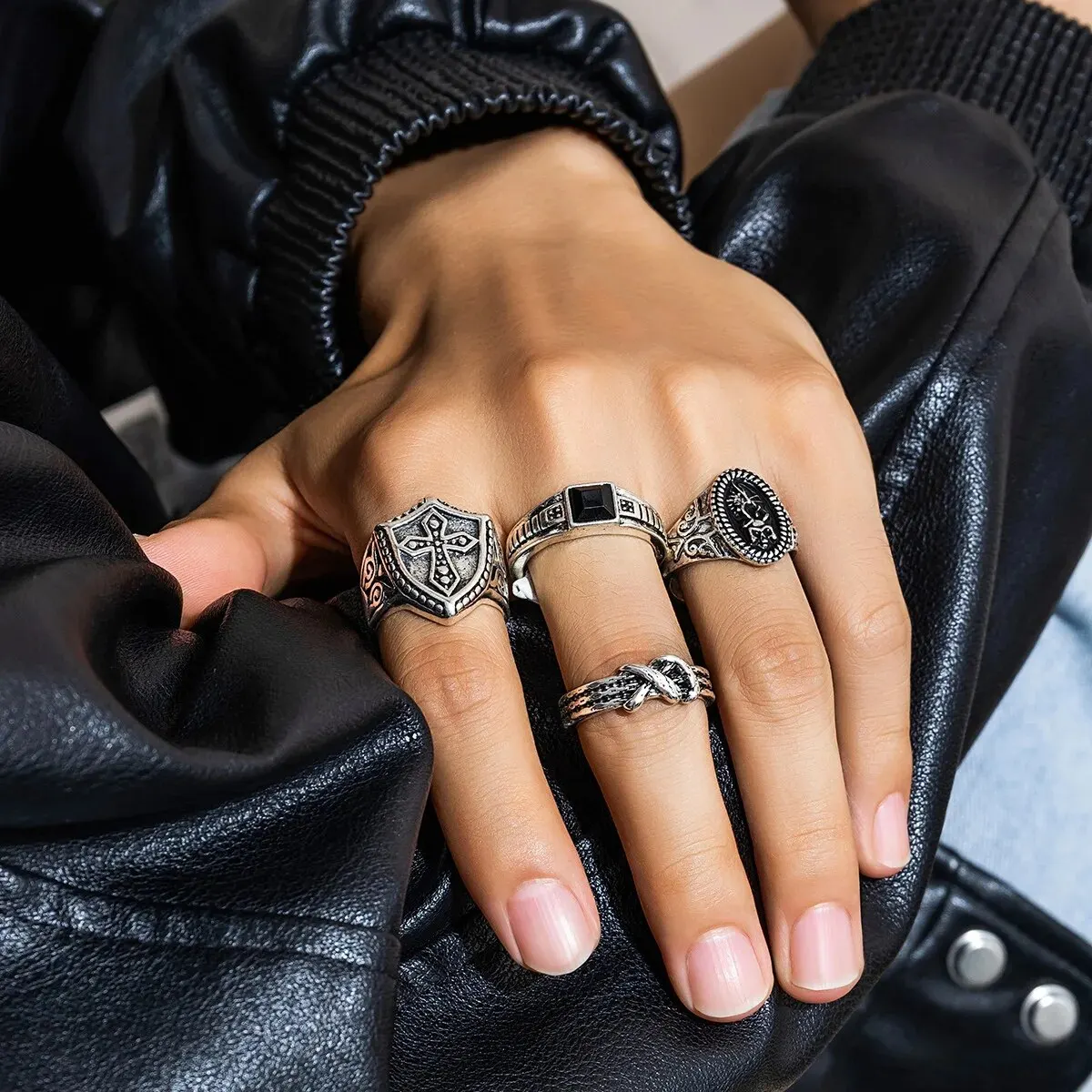 4Pcs Retro Einfache Edelstahl Öffnung Einstellbar Breiten Ring männer Gothic Muster Metall Ring Casual Schmuck