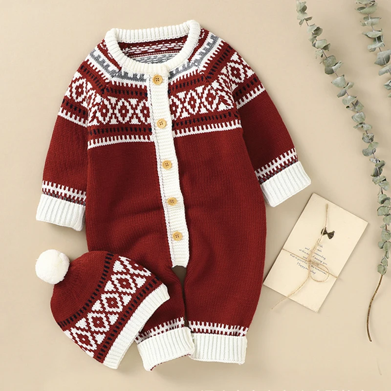 New Christmas Newborn Baby Romper +Hat Knitted Toddler Girls Christmas Kids Clothes One Piece Overall Infant Boy Jumpsuit Outfit