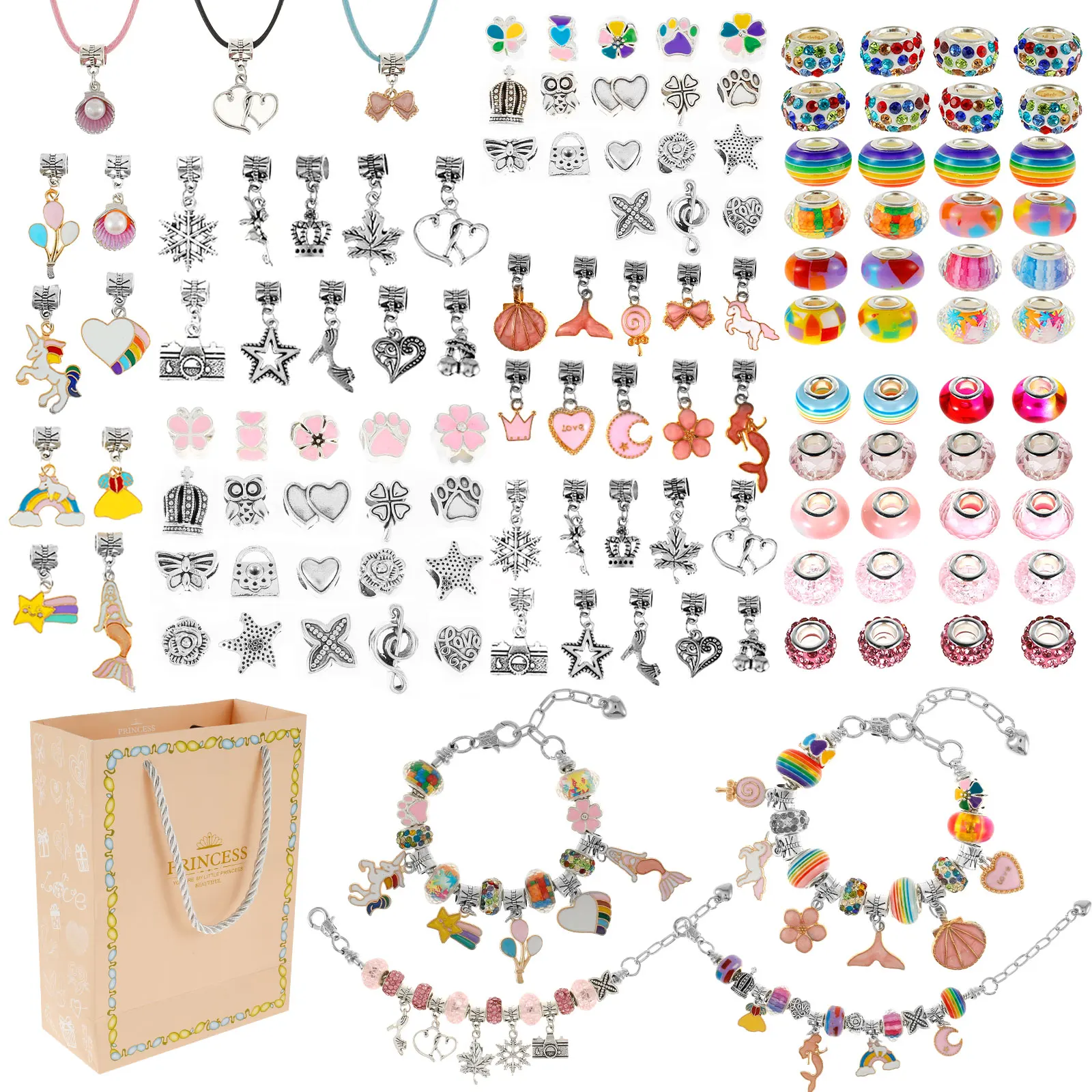 134 件 Girls Charm Bracelet Making Kit DIY Beaded Jewelry Making Kit with Snake Bracelets Mermaid Pendants Organizer Box