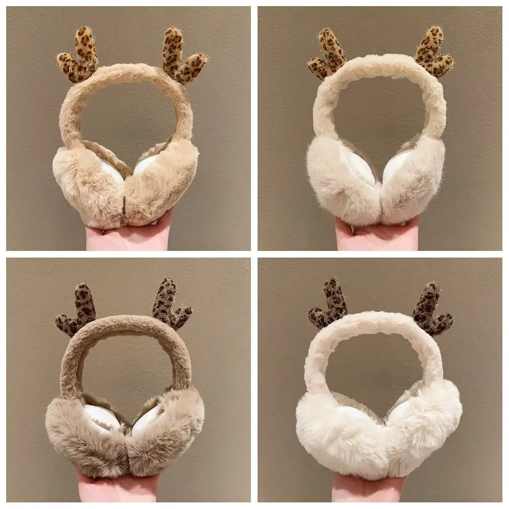 Cute Ear Cap Plush Earmuffs Leopard Print Deer Antler Winter Earmuffs Thicken Keep Warmer Imitation Fur Ear Cover Girl