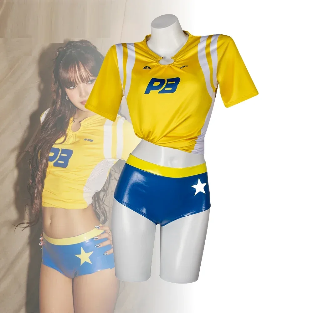 

Football Cheerleader Cosplay High School Women Crop Top Shiny High Cut Shorts Stage Performance Bar Club Halloween Cosplay