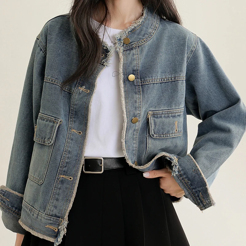 2025 Spring Autumn New Retro Hairy Edge Denim Jacket For Women Loose Round Neck Design Versatile Outerwear Washed Cowboy Jacket