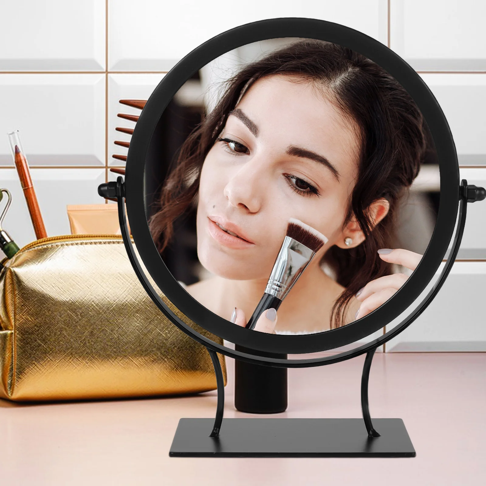 Espelho de maquiagem de mesa, estrutura de ferro, superfície transparente rotativa, base estável para penteadeira, quarto, vaidade, pequeno, ajustável