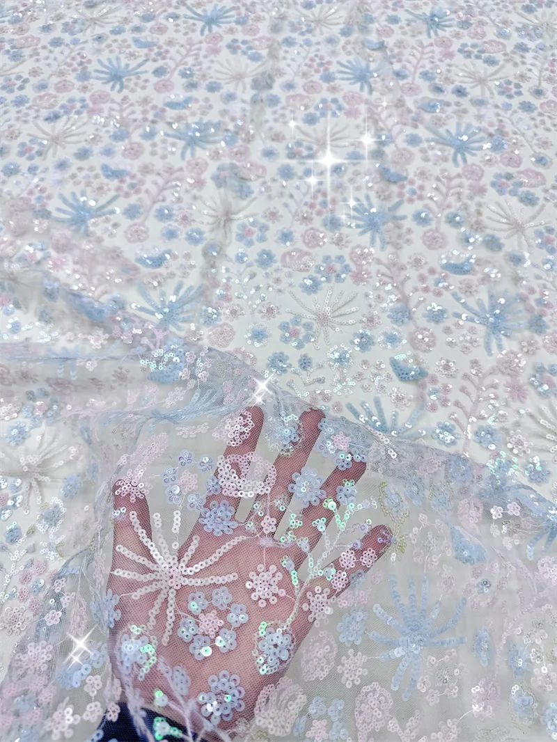 

Новая небесно-голубая ткань с цветочной вышивкой и блестками, свадебное платье, кружевная тюлевая ткань для одежды, детских платьев, сценических костюмов