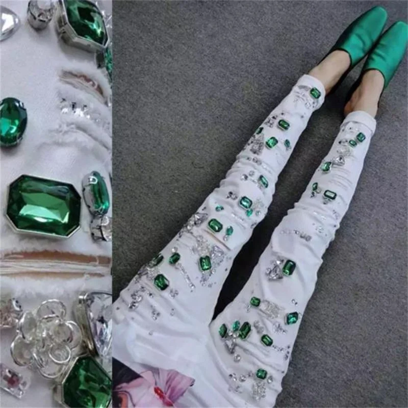 Women Rhinestones Diamond Denim Jeans Skinny Stretch Pencil Slim Vintage Casual Pants