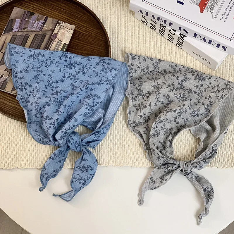 Headscarf summer women's pastoral new women's silk scarf decorative small scarf thin versatile double-sided plaid triangle scarf