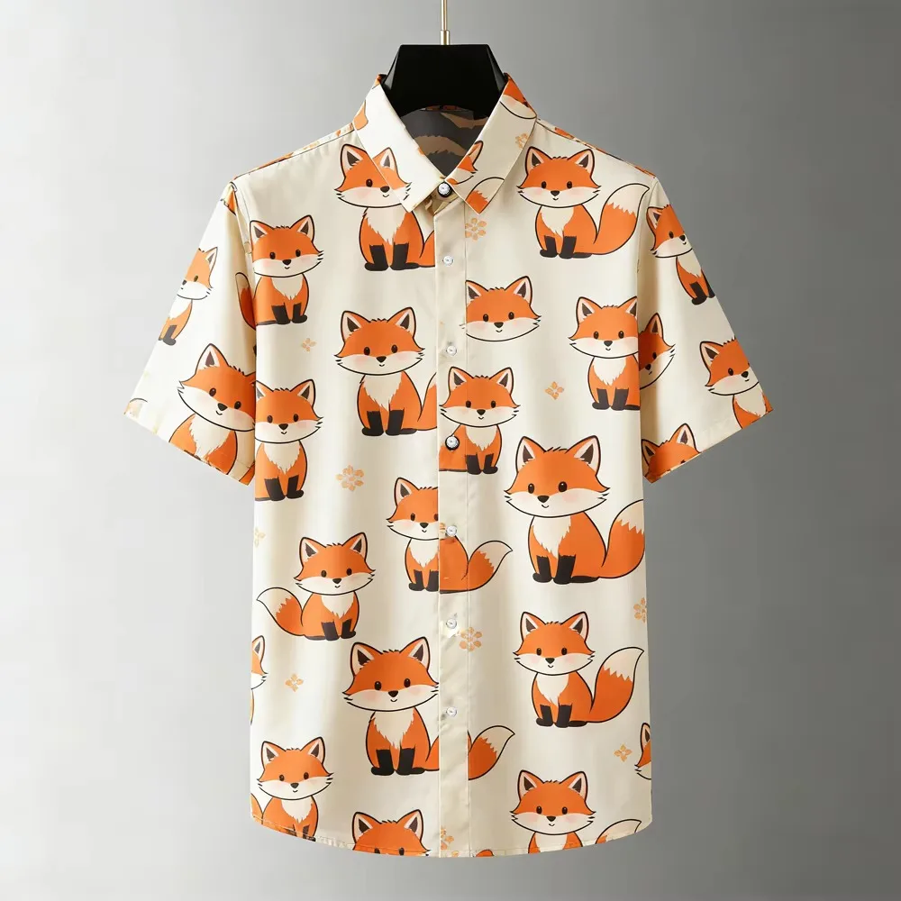Small and Niche Cartoon Printed Short Sleeved Shirt for Men, Personalized and Fun, Loose and Versatile Beach Casual Shirt