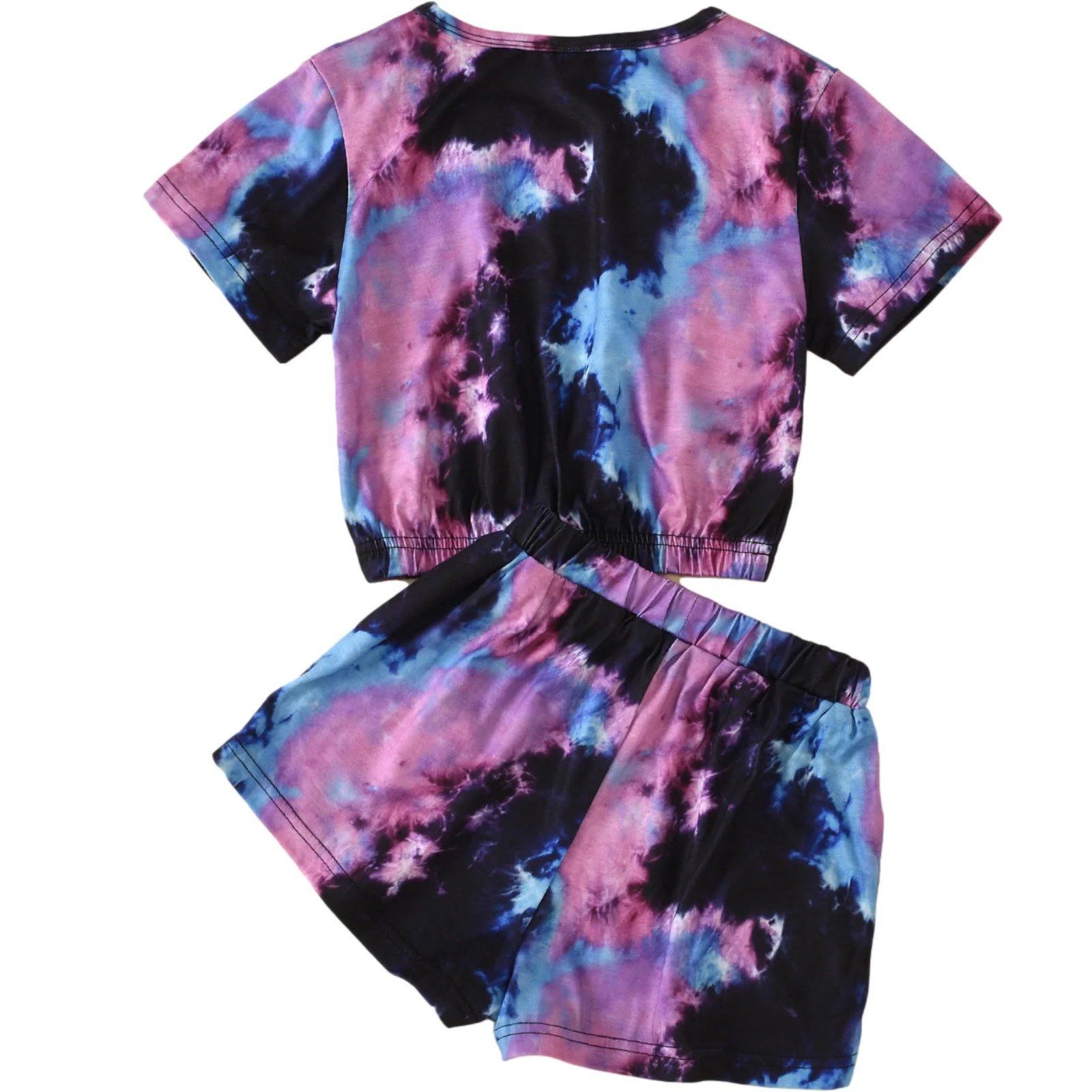 2 Pieces Kids Suit Set Tie-Dye Print Round Collar Short Sleeve Pullover+ Shorts for Summer  Purple 4-9 Years