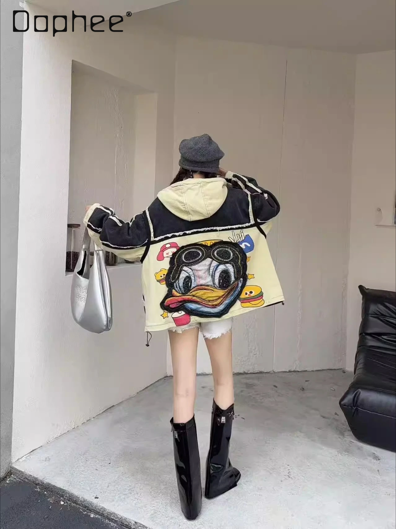 

Autumn New Heavy-duty Printed Cartoon Pattern Cotton-padded Jacket Women's Loose Casual All-match Cartoon Patch Hooded Jacket
