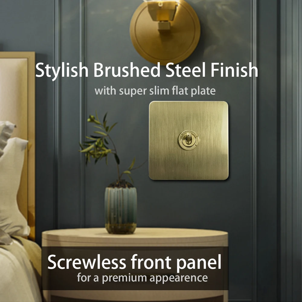 Wallpad Wall Light Switch, 2 Way, Rocker Toggle Switch, LED Dimmer, Screwless Brushed Gold Brass Steel Plate,  Slim Frame