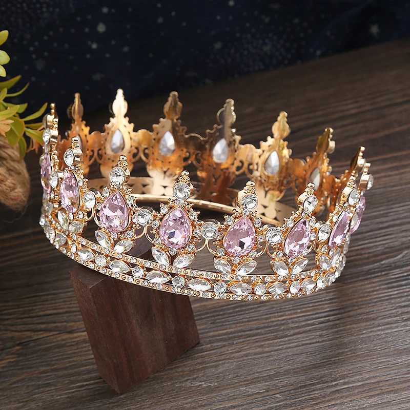 

Bridal European Princess Tiara Round Baroque Pageant Crowns Crystal Full Crown King TiarWedding Crown Hair Dress Accessories