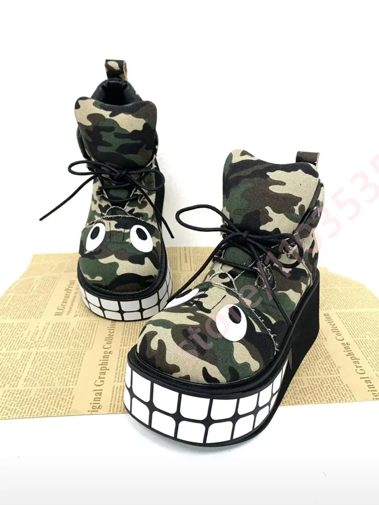 2026 New Platform Ankle Boots Cute Cartoon Face Graphic Lace Up Round Toe Side Zip Wedge Heel Y2K Street Punk Fashion Short Boot