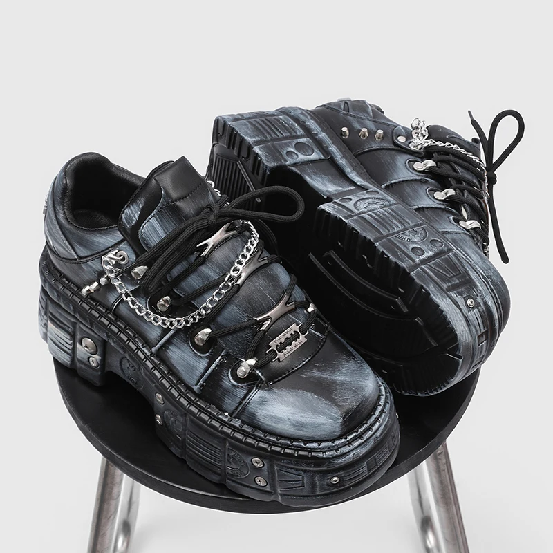 Men New Thick Sole Height Increasing Metal Punk Style Thick Sole Graffiti Chain Decoration Niche Fashion Cool Shoes