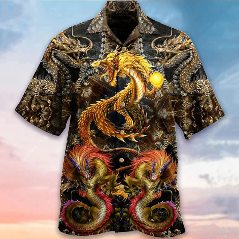 Camisa estampada dragão havaiano masculina, impressão 3D, roupa de rua legal, blusa de manga curta, moda praia, camisa casual plus size, verão