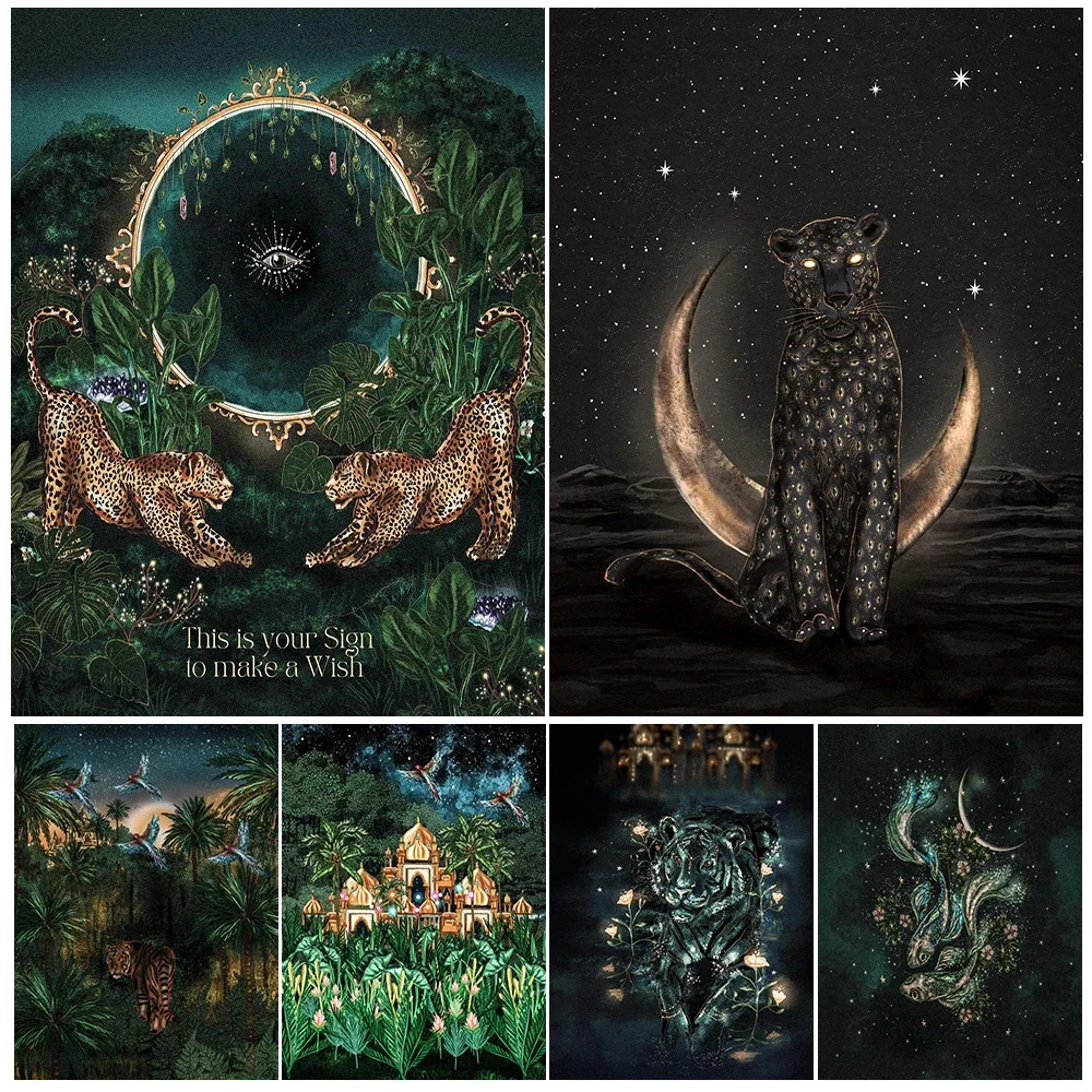 

Crescent Moon,Galaxy,And Cheetah Vintage Wall Art Canvas Print Tiger In The Mysterious Forest Art Poster Print Home Decoration