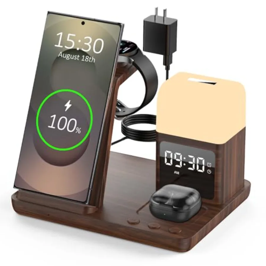

Wireless Charger for Samsung/Android Charging Station, 6 in 1 Fast Watch Charger with Alarm Clock-Night Light, Compatible for G