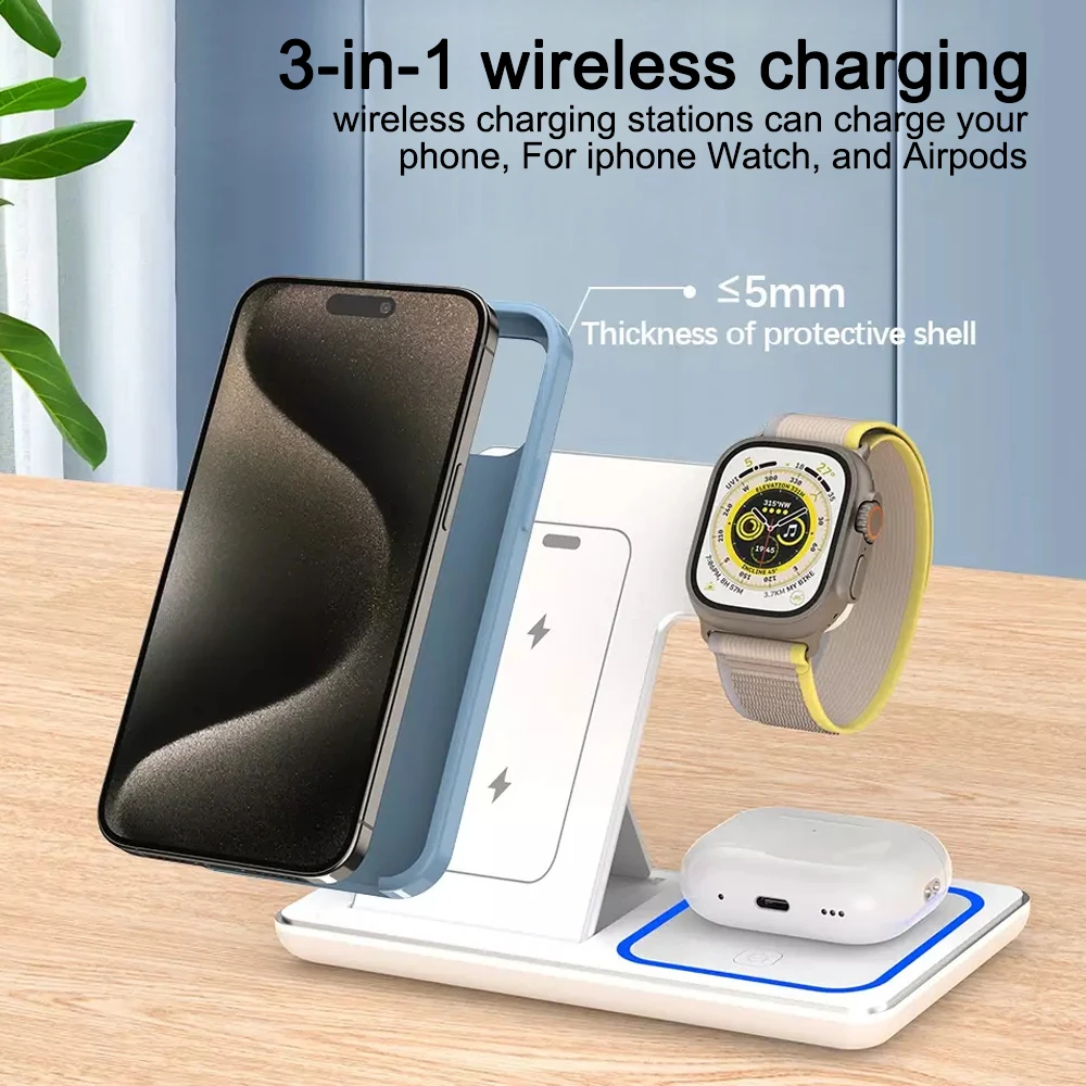 30W LED Wireless Charger 3 ใน 1 สถานีชาร์จแบบพับได้สําหรับ iPhone 16 15 14 13 12 สําหรับ IWatch 9 8 7 6 5 4 สําหรับ Airpods Pro