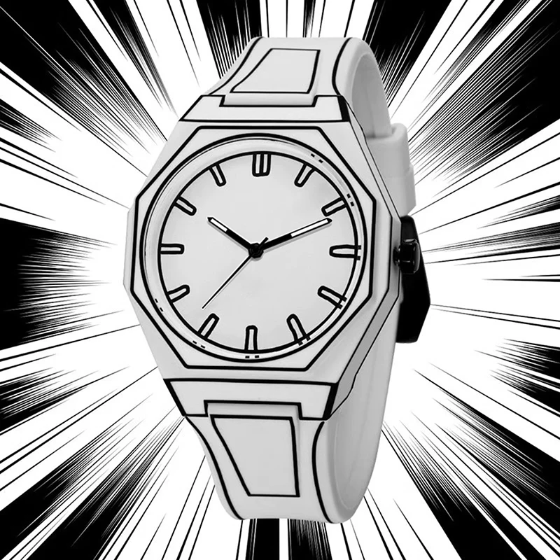 PINTIME New Men\'s Watches Black White Quartz Watch for Man Creativity 2D Comic Style Wristwatch Male Leisure Male Cool Clocks