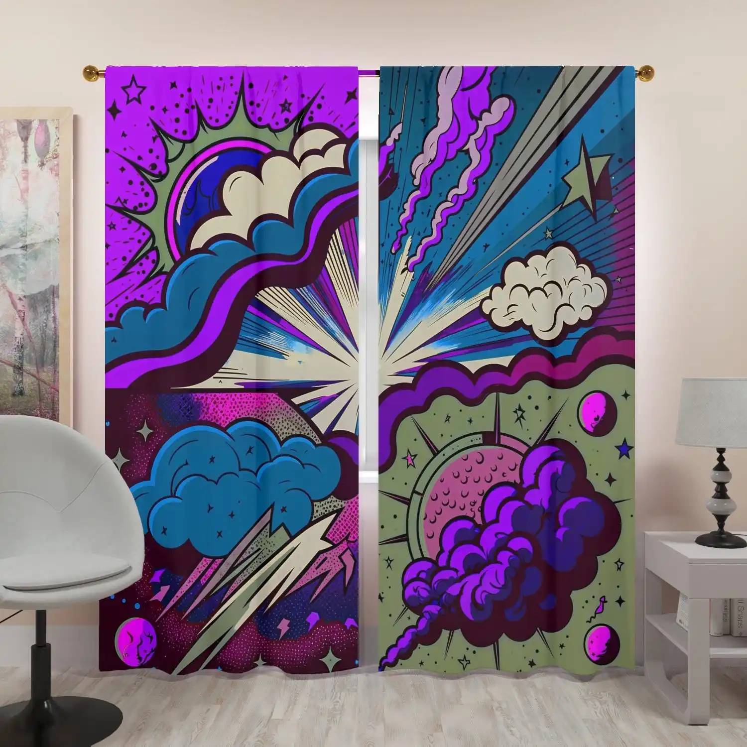 Vibrant Retro Cosmic Galaxy Curtain Pair for Bedroom Living Room Space Decor Aesthetic Window Treatment