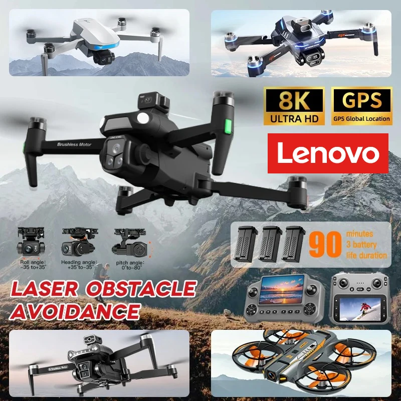 Drone RC GPS Lenovo 8K professionnel, photographie aérienne HD, évitement d'obstacles par laser, quadricoptère, cardan à trois axes