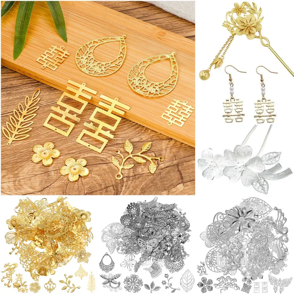 50g Gift Hairpin Crafting Barrettes DIY Accessories Retro Filigree Butterflies Leaves Metal Flower Slices Mixed Pattern