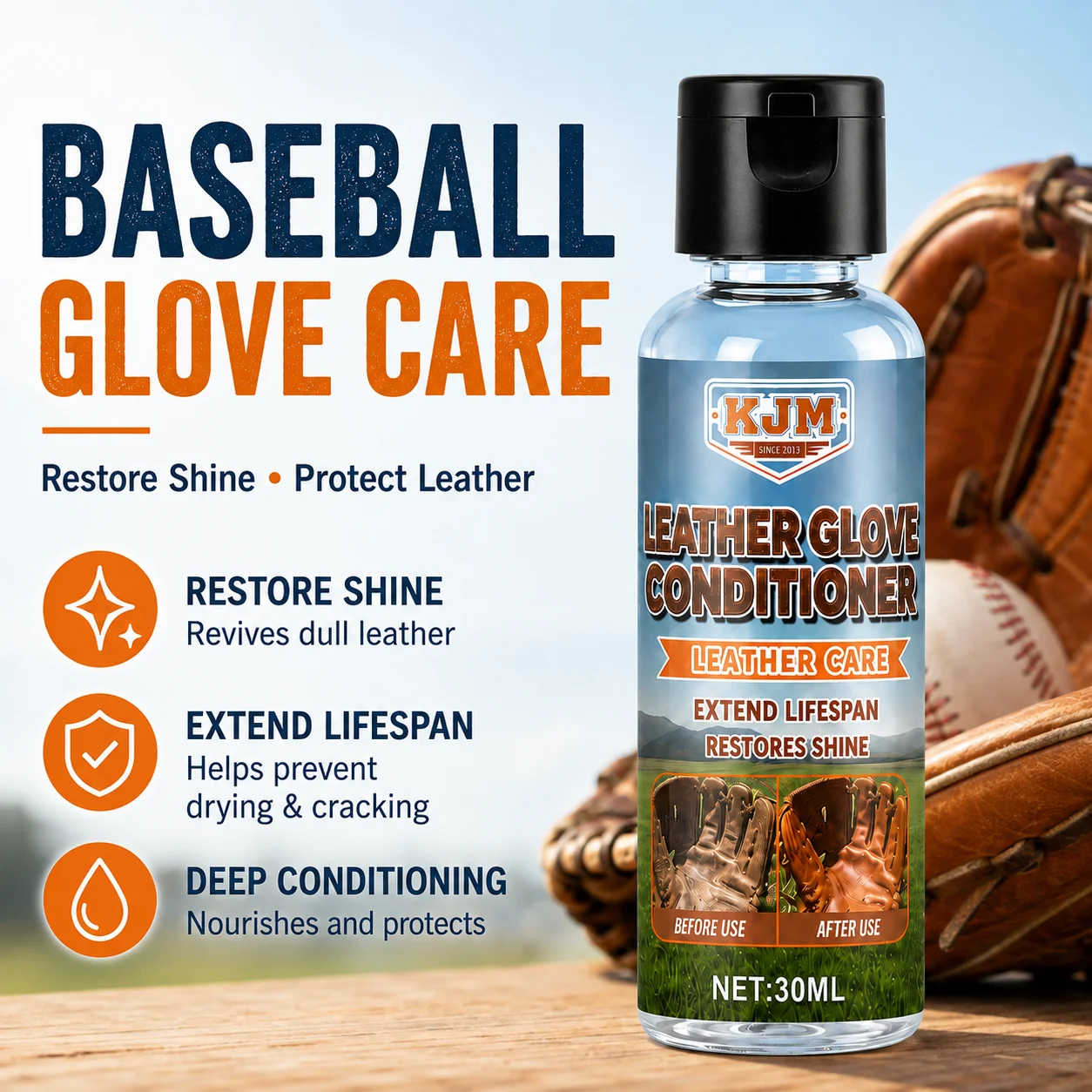 KJM Baseball Glove Conditioner Leather Care Cream Softener Moisturizer For Dry Cracked Gloves Shine Restoration