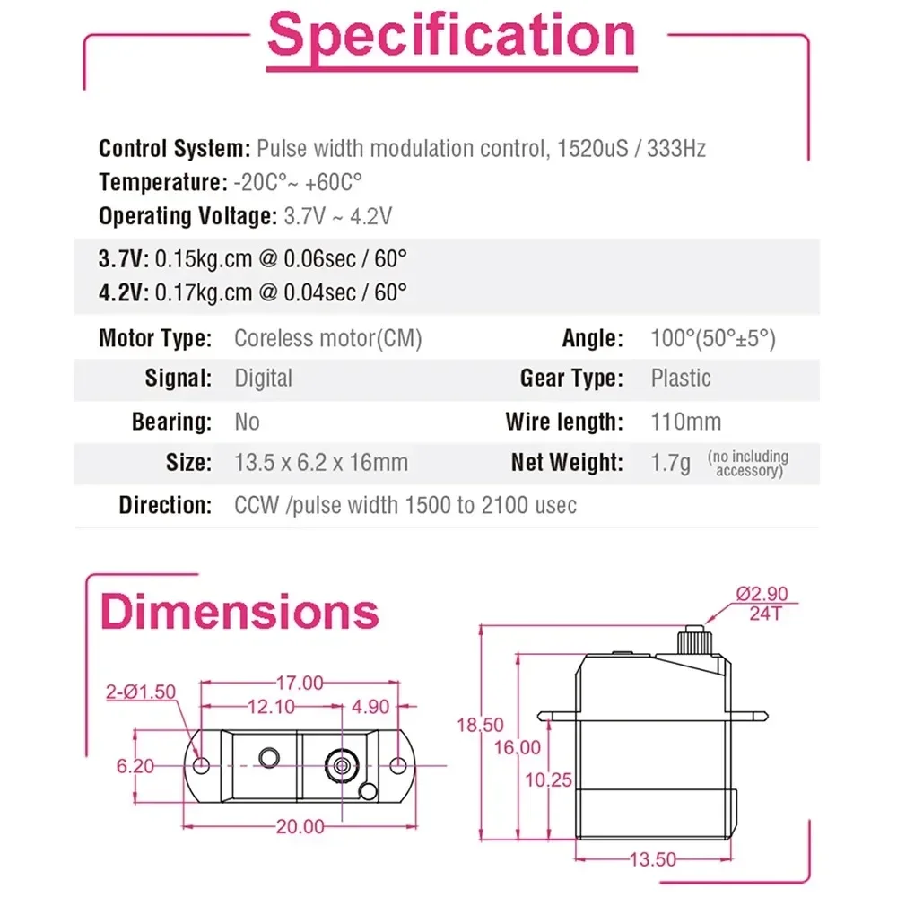 AFRC D1302 servomoteur numérique subminiature 1.7g moteur sans noyau pour voiture avion RC 0,04ec prise JST rapide ou connecteur JR intérieur 3D Flig