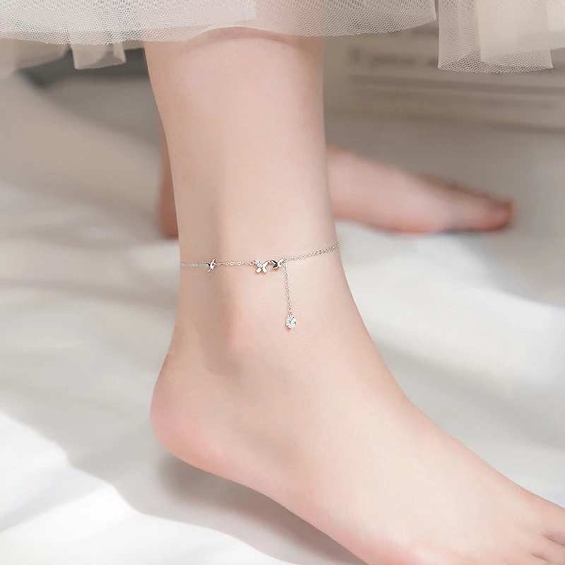 Luxury 925 Sterling Silver Jewelry Elegant Butterfly Zircon Chain Pendant Anklets Women Gift Elegant Beach Rhinestone Foot Chain